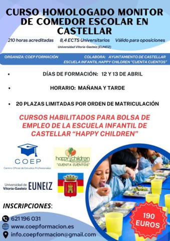 Curso monitor de Comedor Escolar en Castellar